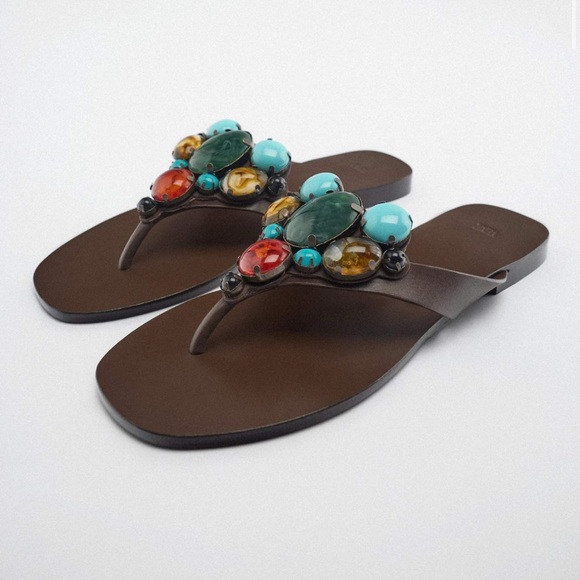 ZARA Beaded Flat Leather Sandal Brown - Picture 8 of 12